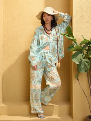 Women Turquoise Blue Floral Shirt With Pants