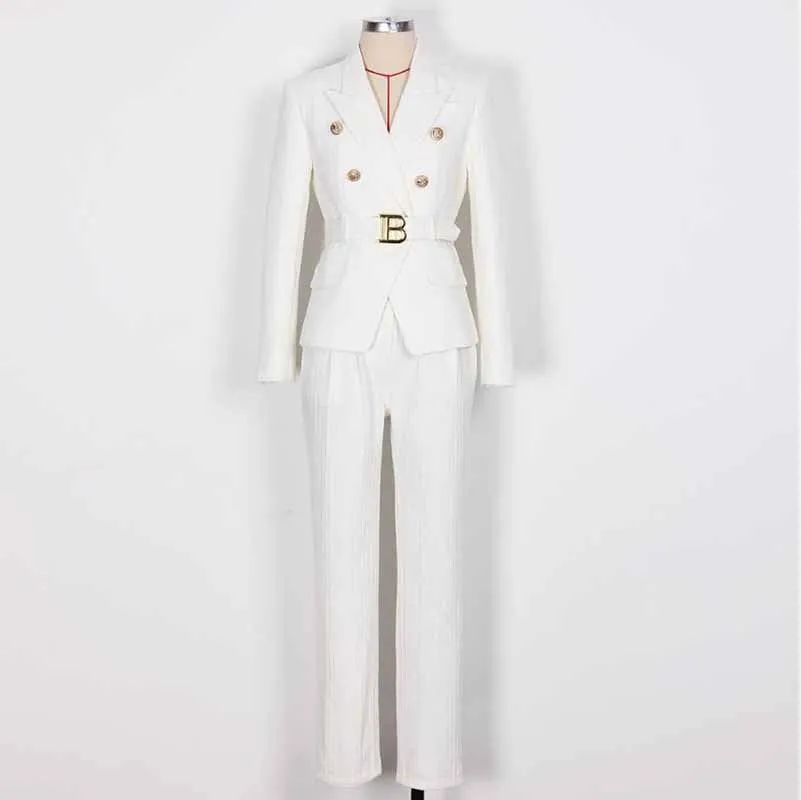 Women's Belted Pant Suit Formal 2 Piece Blazer and Pants Business Set