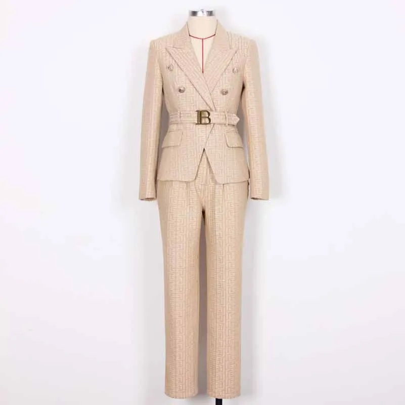 Women's Belted Pant Suit Formal 2 Piece Blazer and Pants Business Set