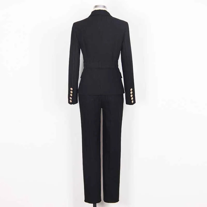 Women's Belted Pant Suit Formal 2 Piece Blazer and Pants Business Set