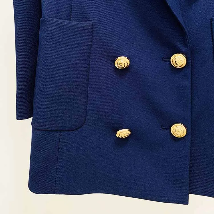 Women's Dark Blue Pantsuit Blazer  Puff Sleeves Oversize Suit Fashion Pantsuit