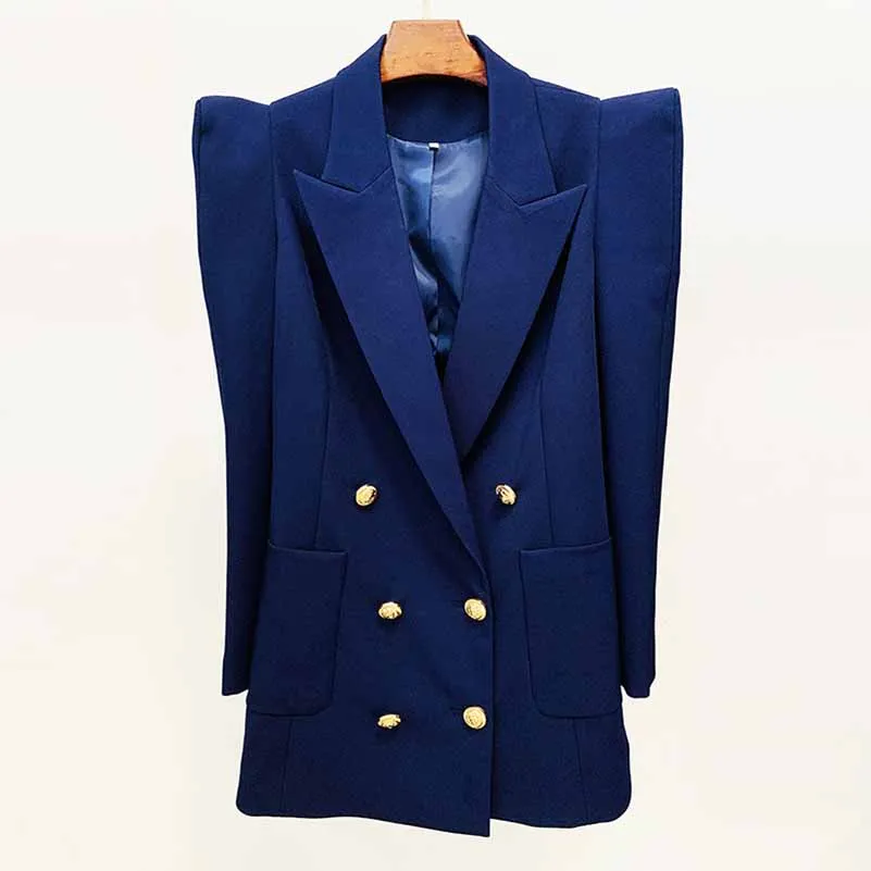 Women's Dark Blue Pantsuit Blazer  Puff Sleeves Oversize Suit Fashion Pantsuit