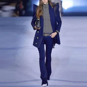Women's Dark Blue Pantsuit Blazer  Puff Sleeves Oversize Suit Fashion Pantsuit