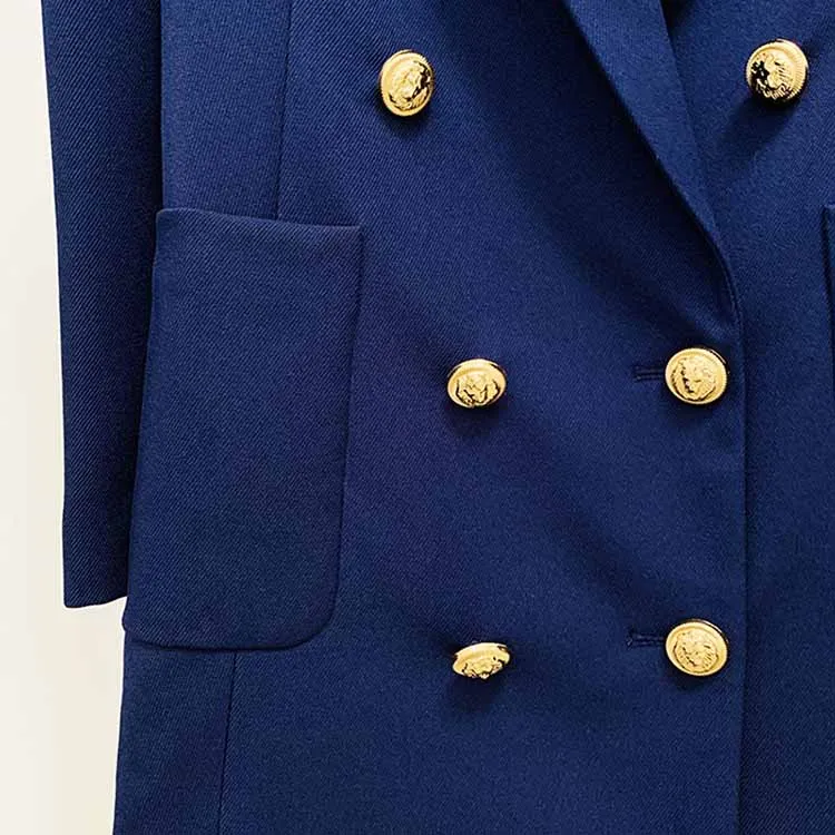 Women's Dark Blue Pantsuit Blazer  Puff Sleeves Oversize Suit Fashion Pantsuit
