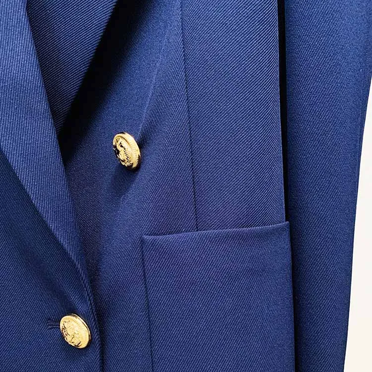 Women's Dark Blue Pantsuit Blazer  Puff Sleeves Oversize Suit Fashion Pantsuit