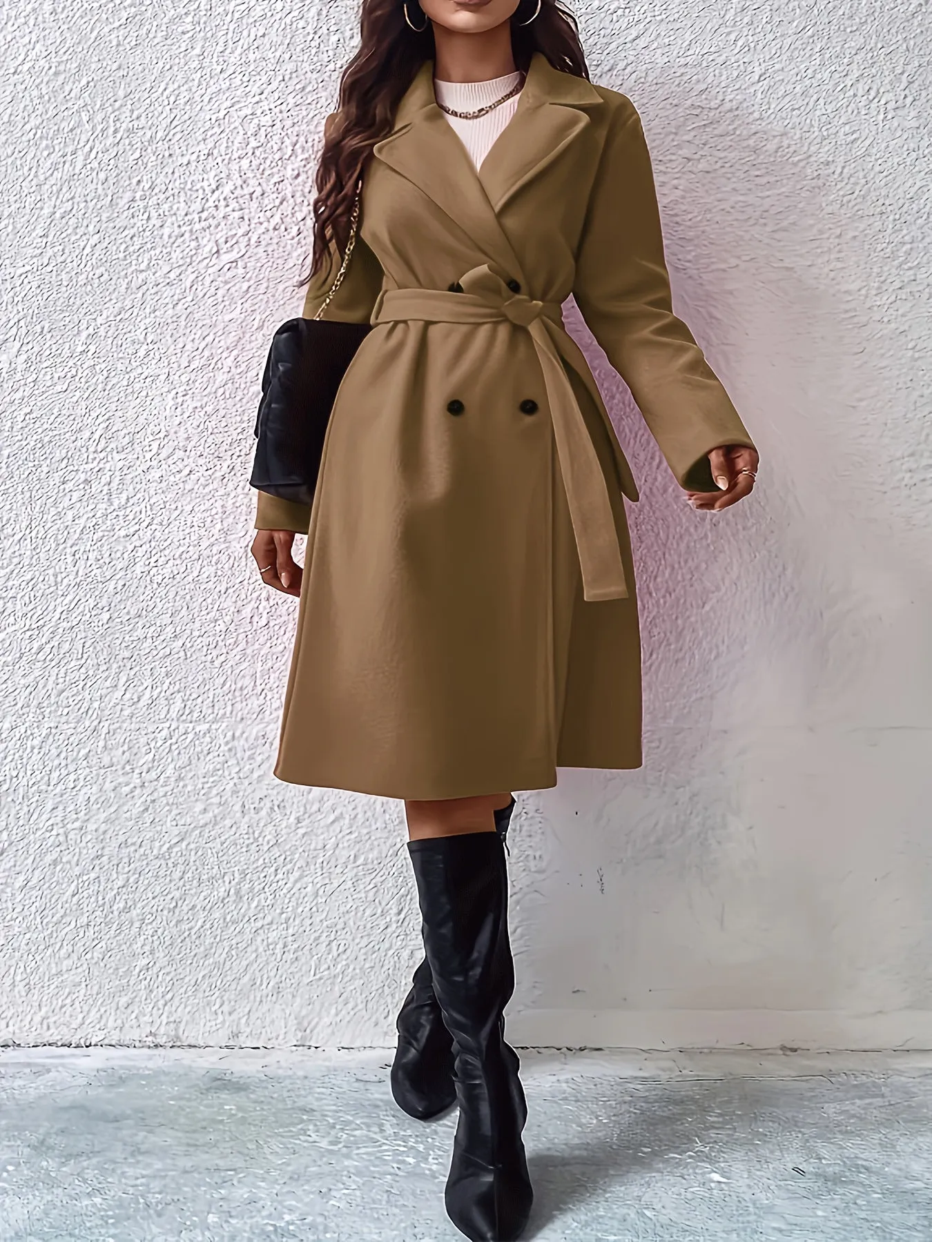 Womens Fashionable Double Breasted Belted Coat - Insulated Warmth, Stylish Long Sleeves, Premium Winter Outerwear