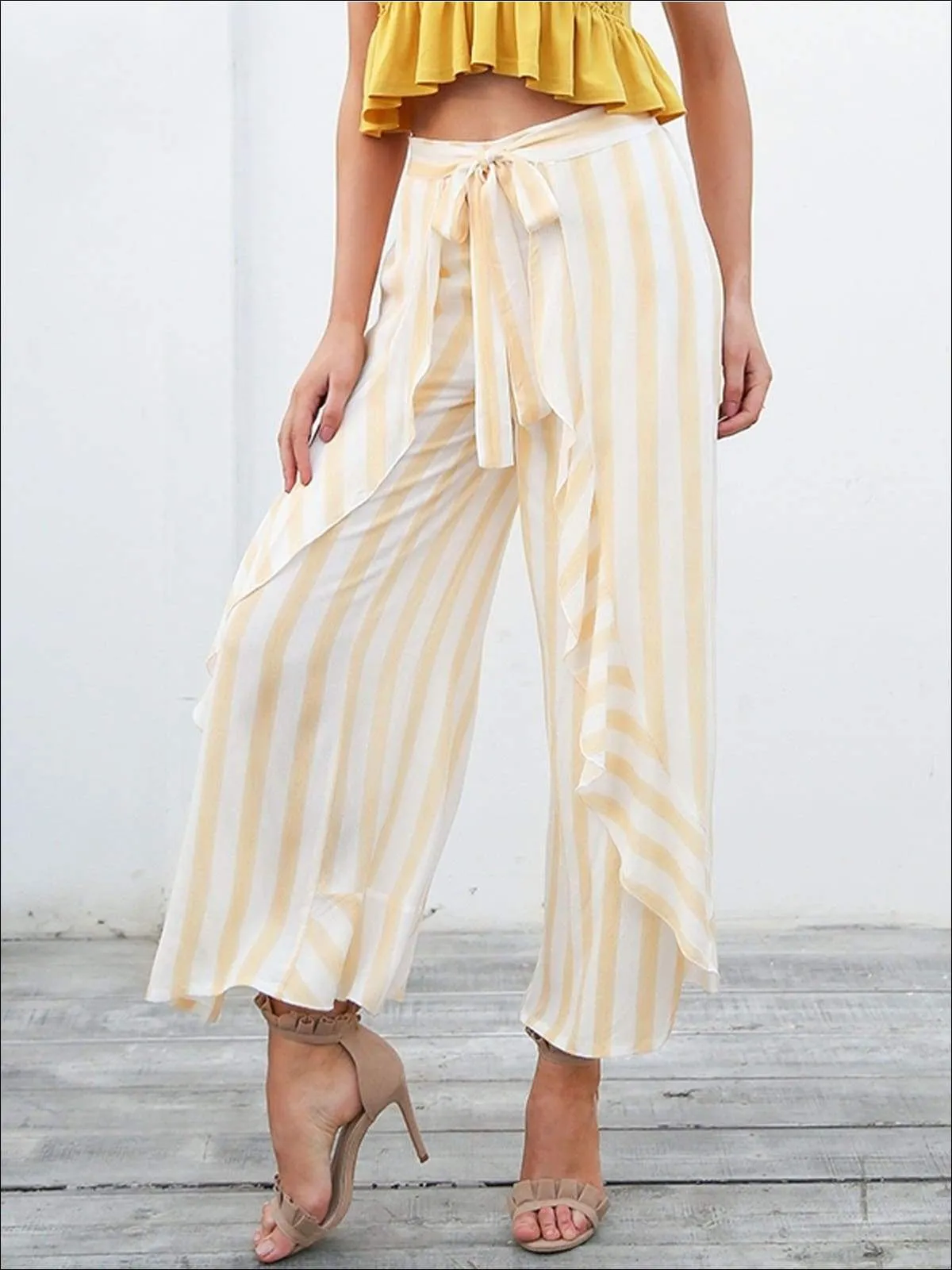 Women's Striped Side Slit Ruffled Palazzo Pants