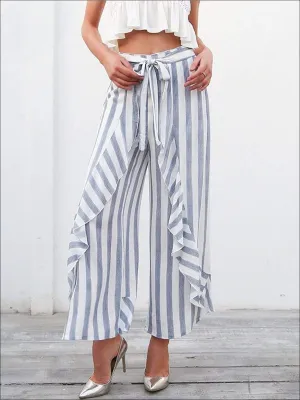 Women's Striped Side Slit Ruffled Palazzo Pants