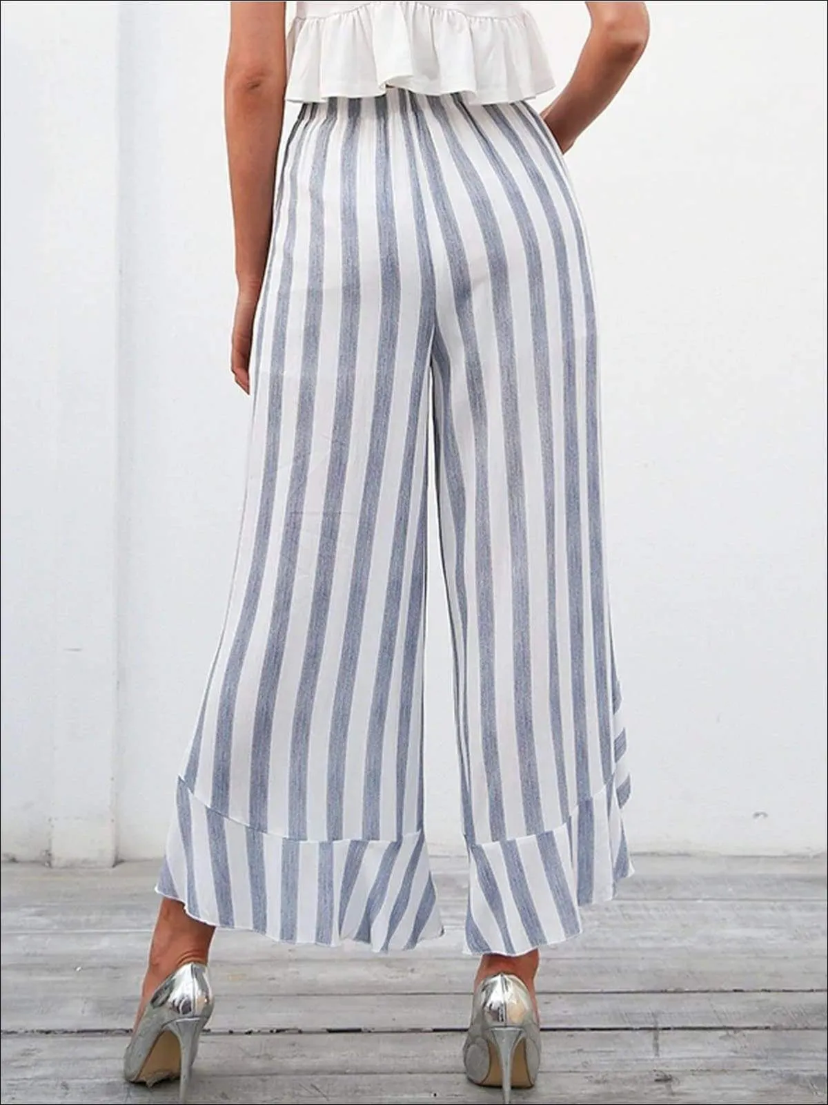 Women's Striped Side Slit Ruffled Palazzo Pants