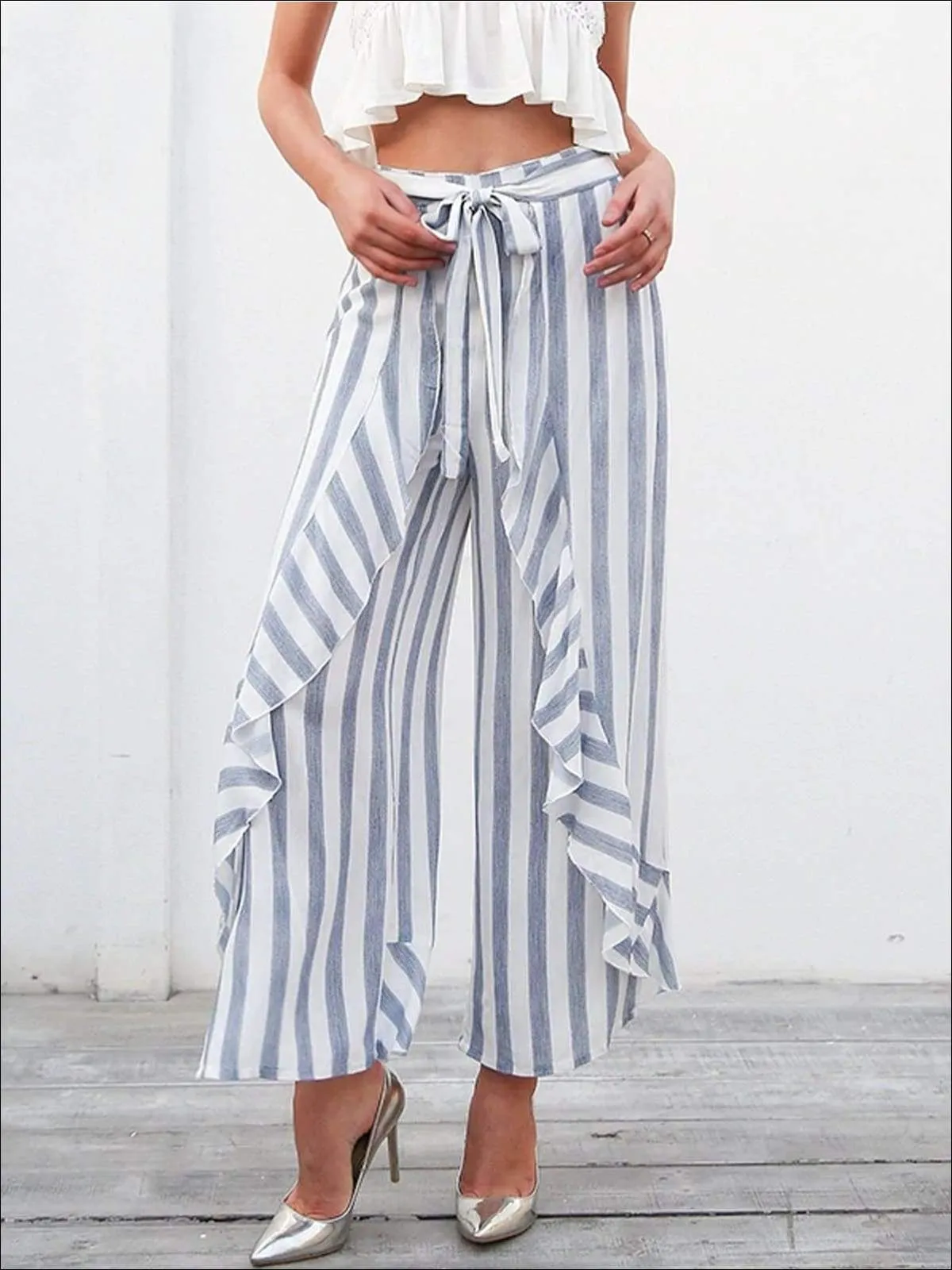 Women's Striped Side Slit Ruffled Palazzo Pants
