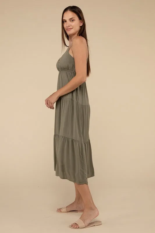 Woven Sweetheart Neckline Tiered Cami Midi Dress