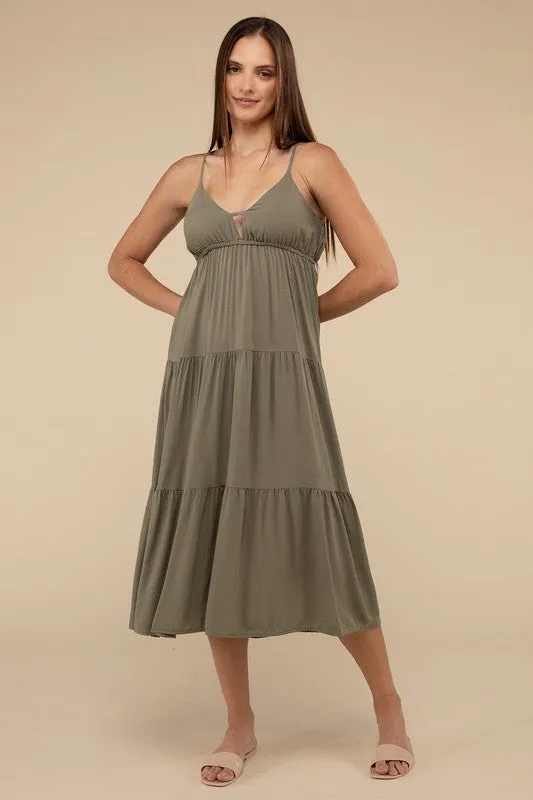 Woven Sweetheart Neckline Tiered Cami Midi Dress