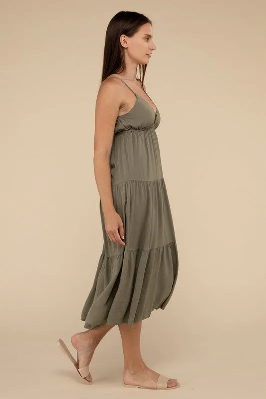 Woven Sweetheart Neckline Tiered Cami Midi Dress