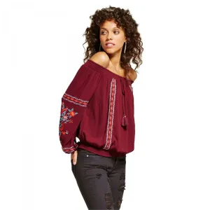 Xhilaration Women's Off The Shoulder Gypsy Blouse Maroon XS