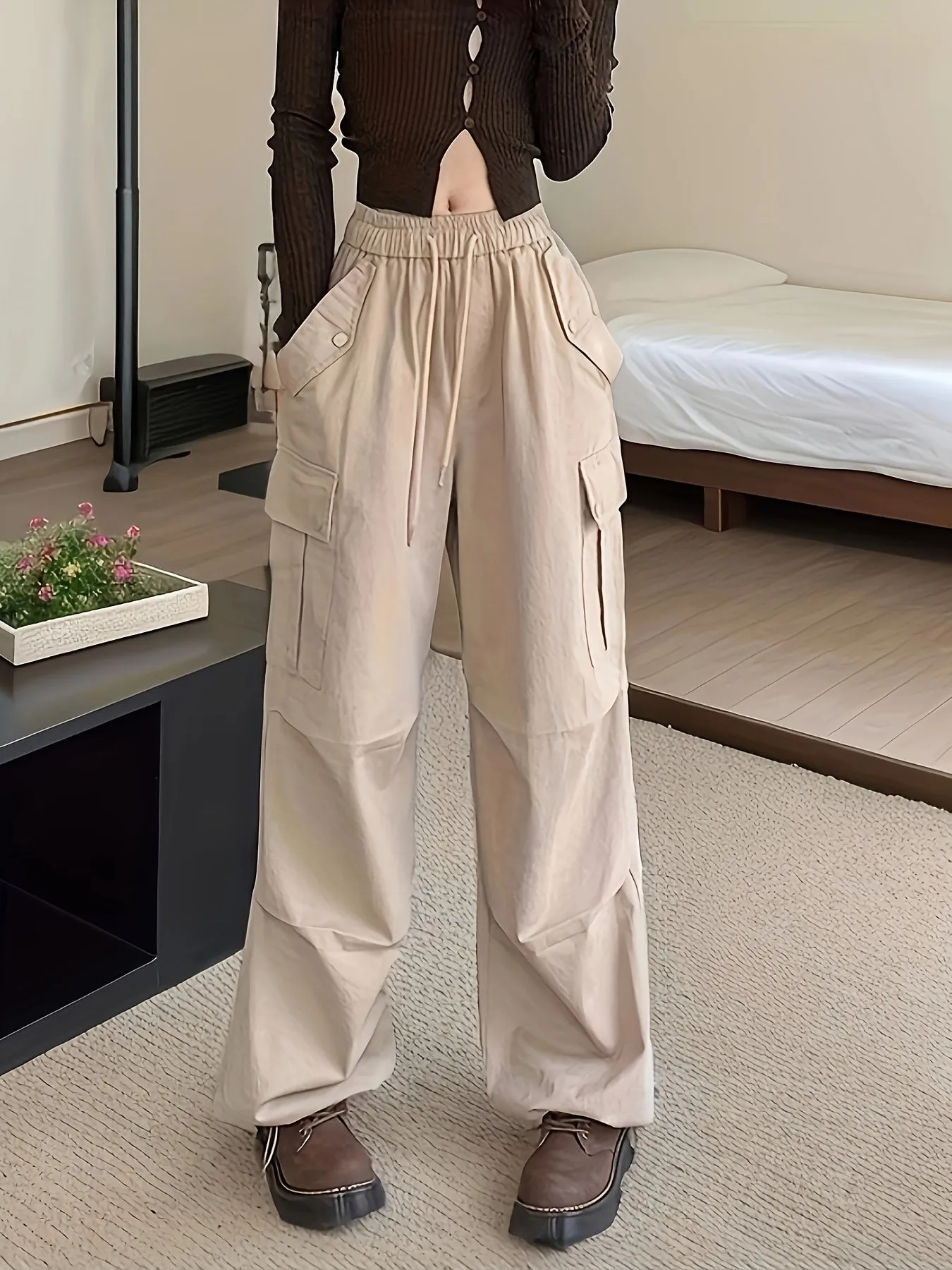 xieyinshe  Long Length Loose Sports Pants, Wide Leg High Waist Elastic Waist Cargo Pants, Women's Activewear