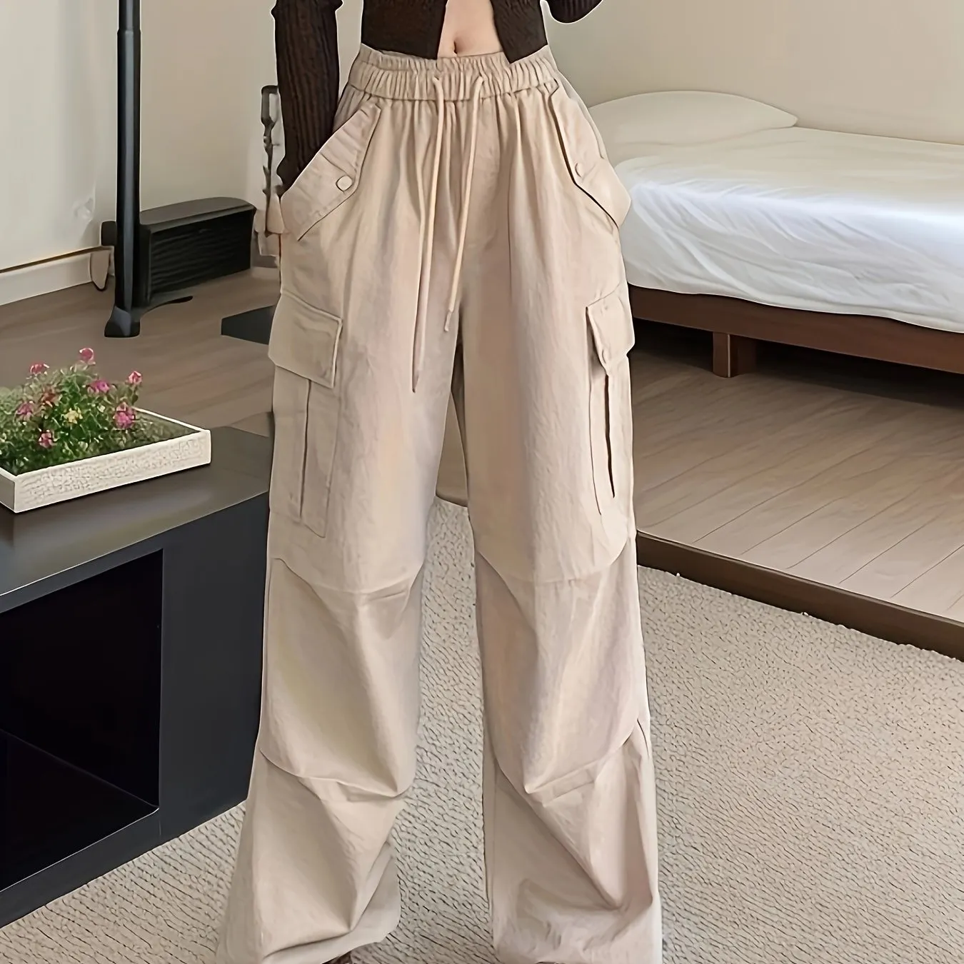 xieyinshe  Long Length Loose Sports Pants, Wide Leg High Waist Elastic Waist Cargo Pants, Women's Activewear