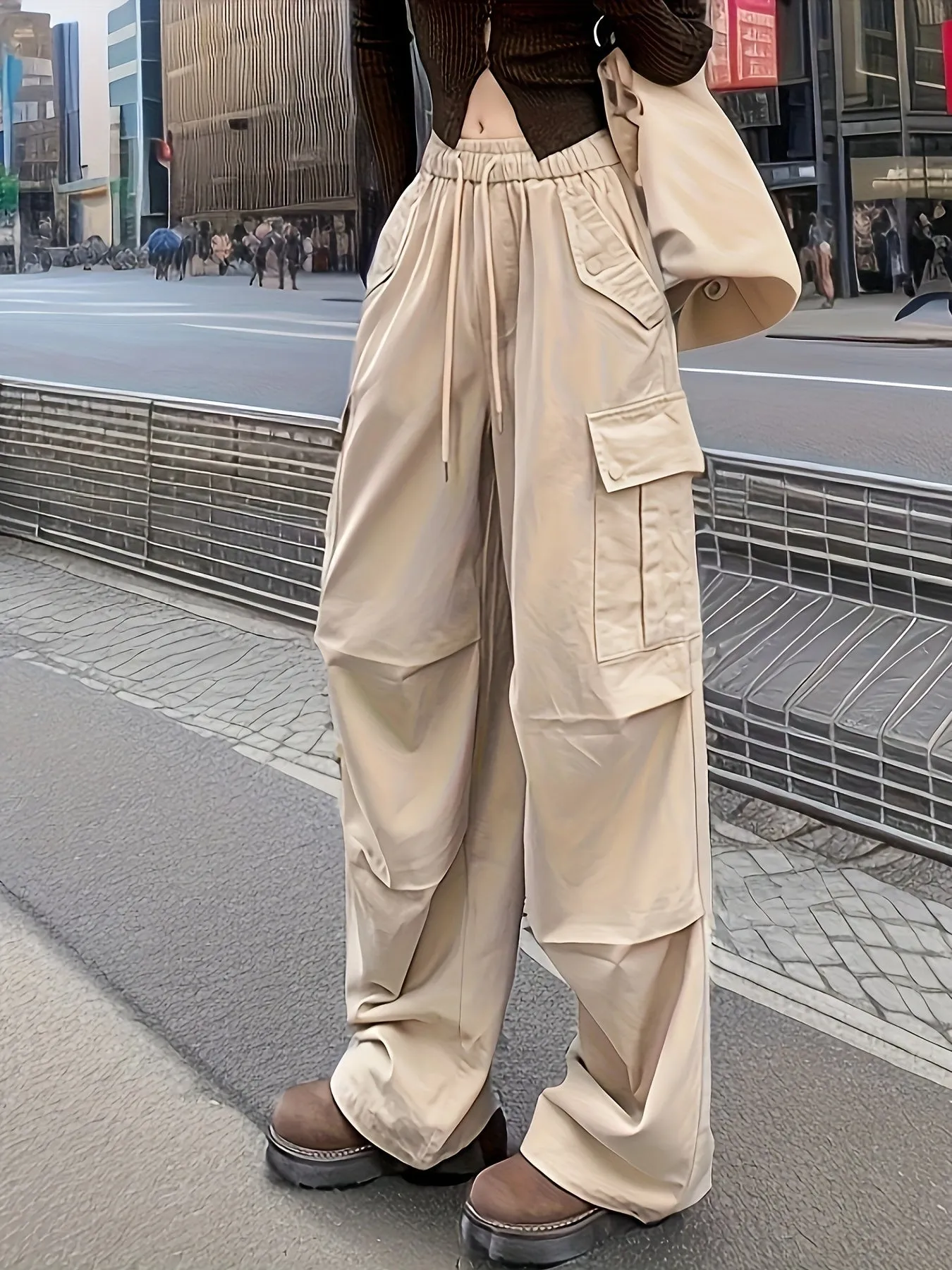 xieyinshe  Long Length Loose Sports Pants, Wide Leg High Waist Elastic Waist Cargo Pants, Women's Activewear