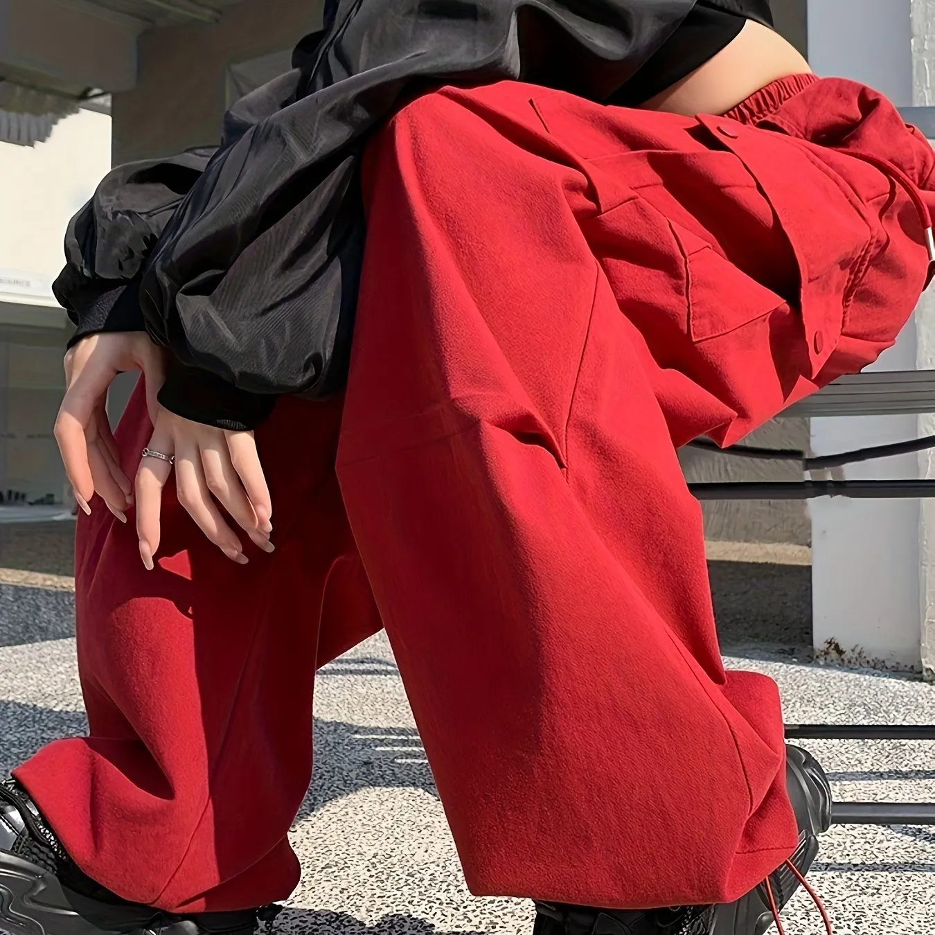 xieyinshe  Long Length Loose Sports Pants, Wide Leg High Waist Elastic Waist Cargo Pants, Women's Activewear