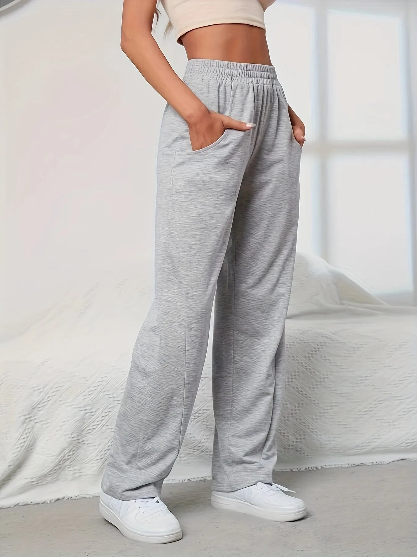 xieyinshe  Solid Color Casual Sports Pants, Elastic Waist Running Jogging Pants, Women's Activewear