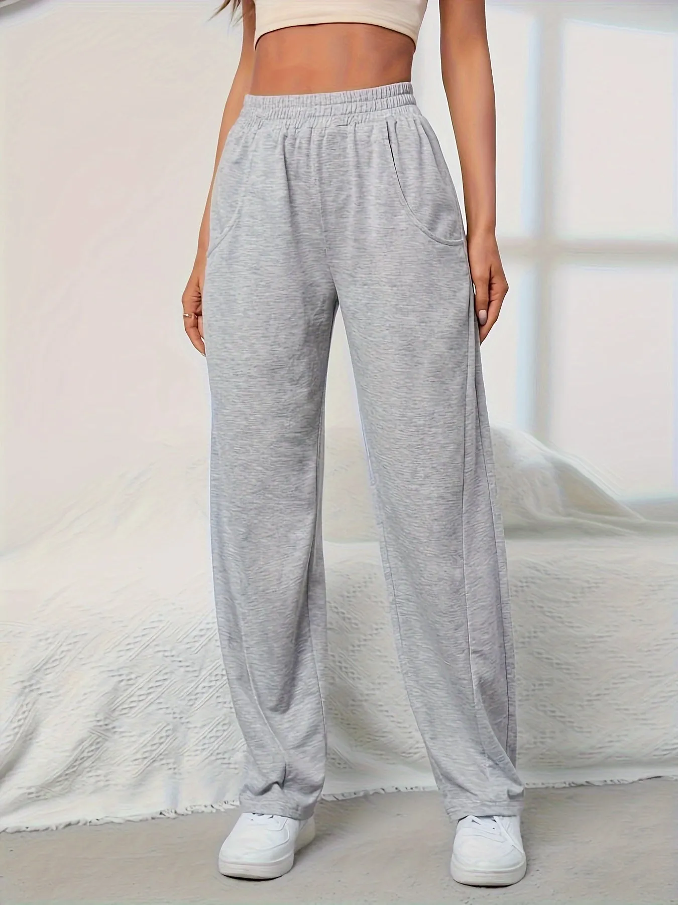 xieyinshe  Solid Color Casual Sports Pants, Elastic Waist Running Jogging Pants, Women's Activewear