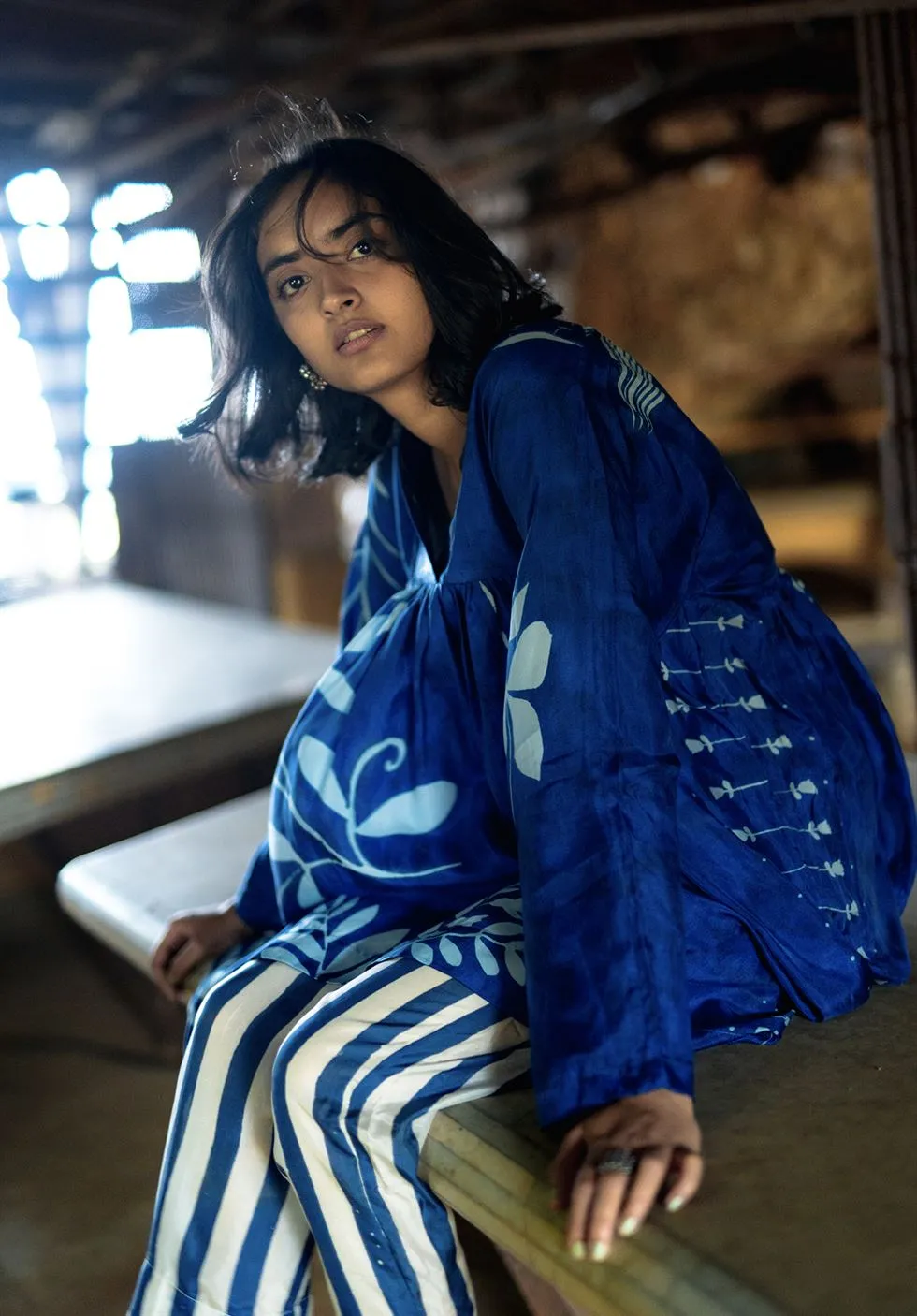 YAM   I  Bellevue Hill BLUE JAMAICA SET KURTA SET PURE SILK HABUTAI BLUE & WHITE Festive Collections YAMKU09