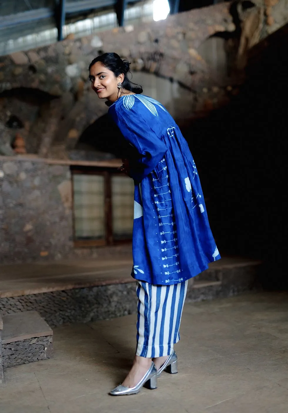 YAM   I  Bellevue Hill BLUE JAMAICA SET KURTA SET PURE SILK HABUTAI BLUE & WHITE Festive Collections YAMKU09