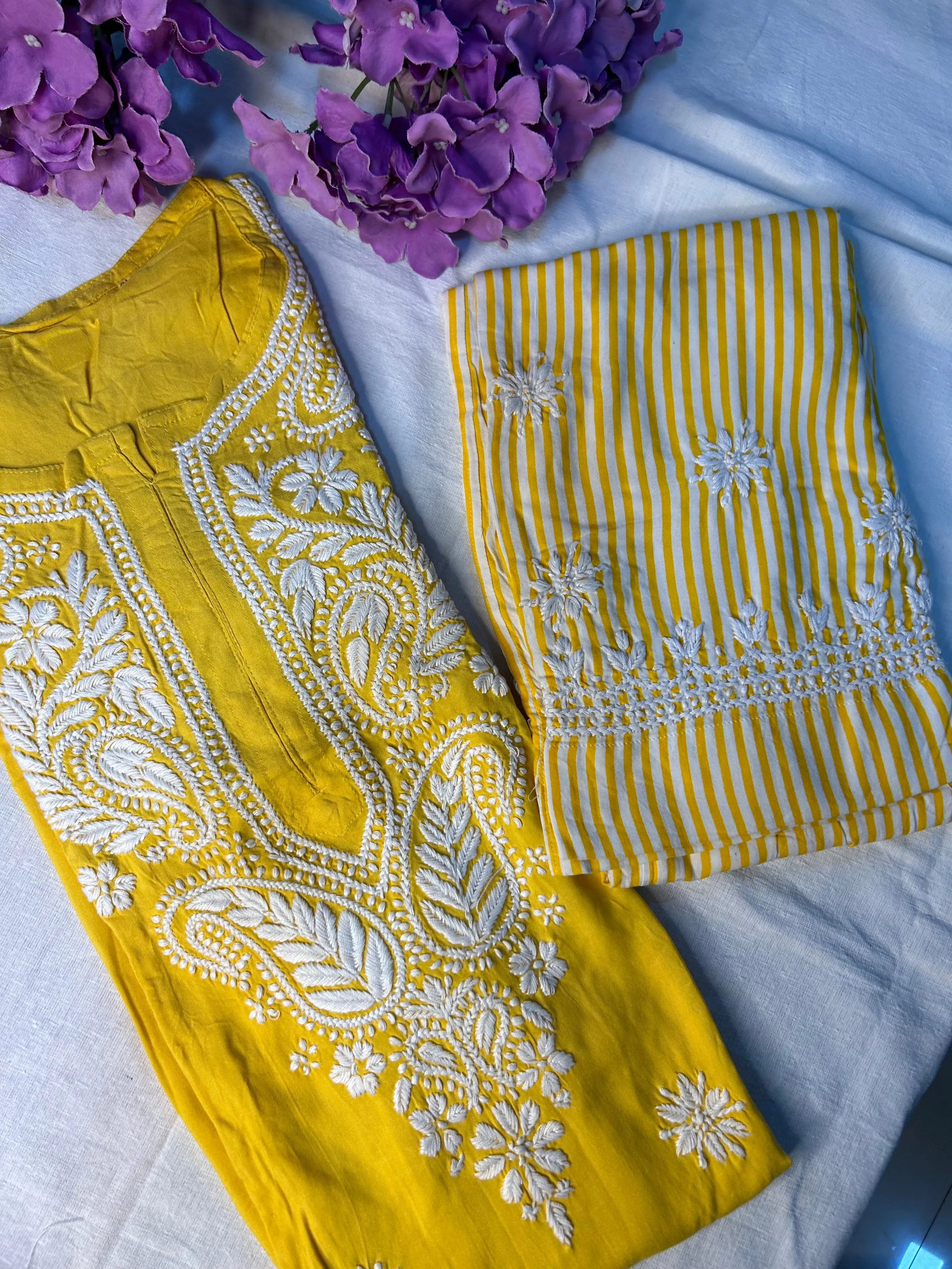 Yellow Chikankari Kurti In Rayon With Cotton Stripes Pant