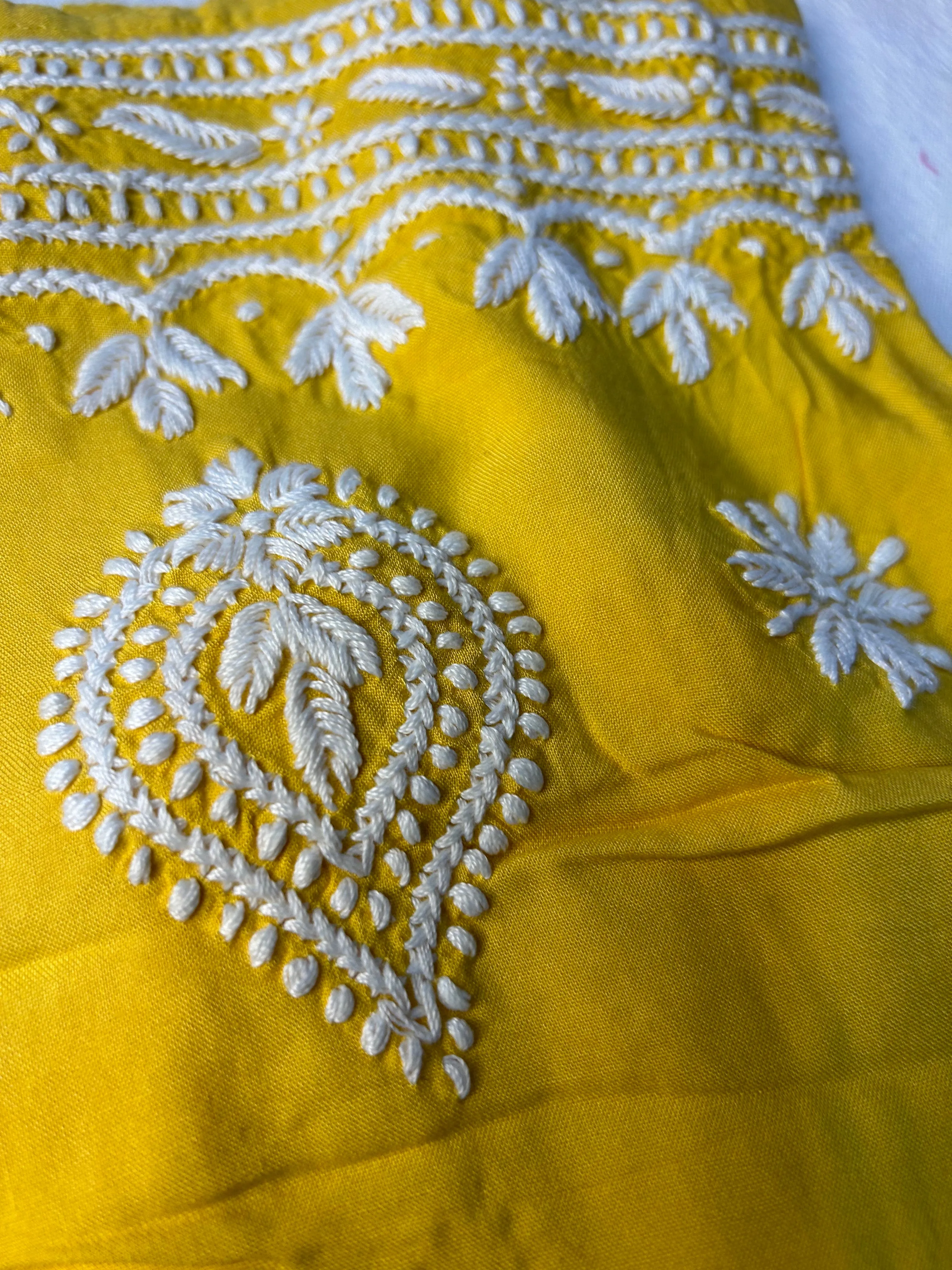 Yellow Chikankari Kurti In Rayon With Cotton Stripes Pant