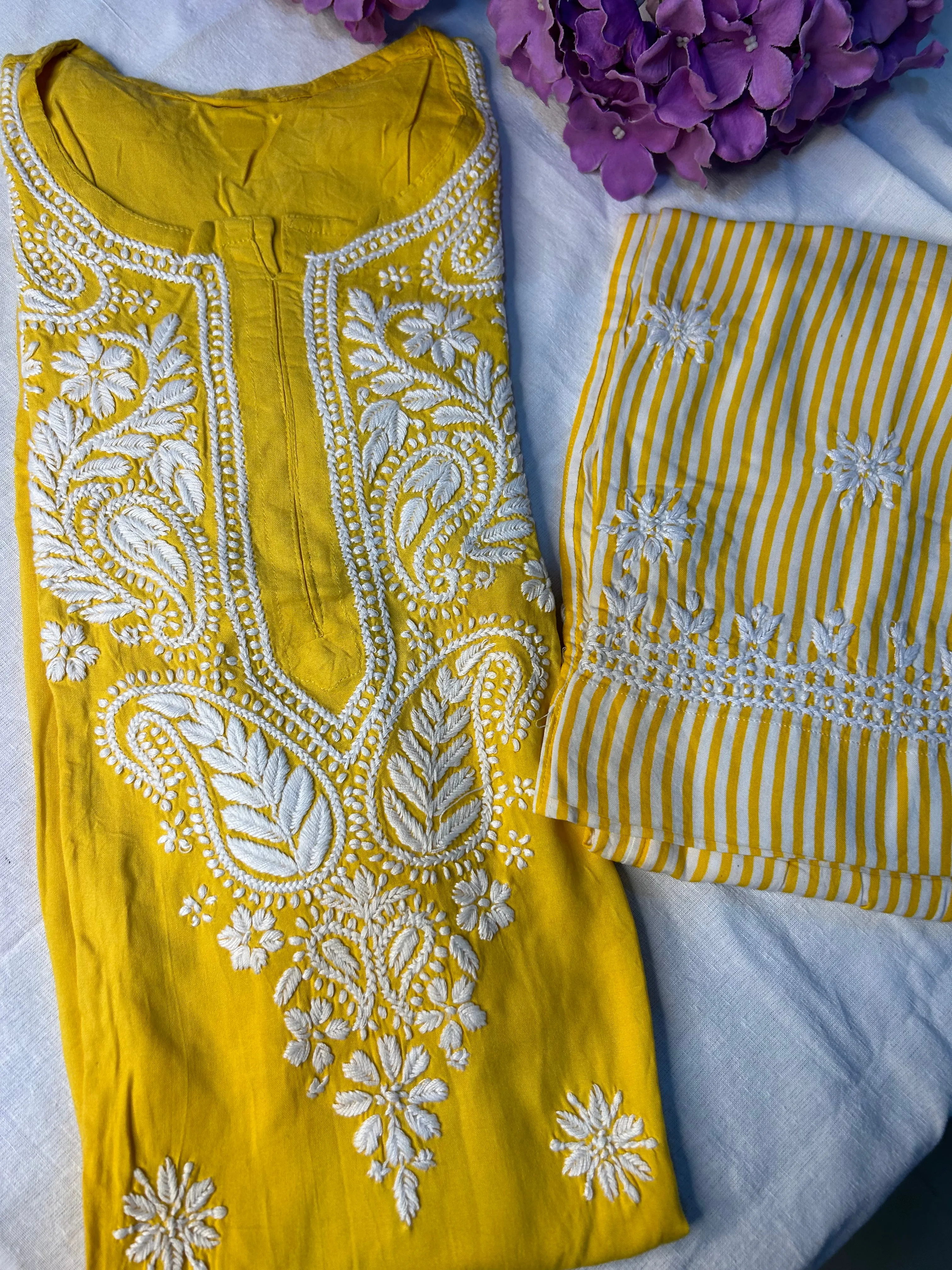 Yellow Chikankari Kurti In Rayon With Cotton Stripes Pant