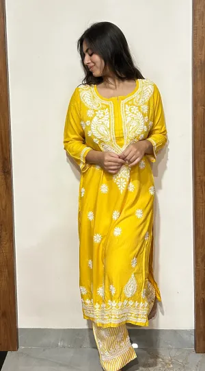 Yellow Chikankari Kurti In Rayon With Cotton Stripes Pant