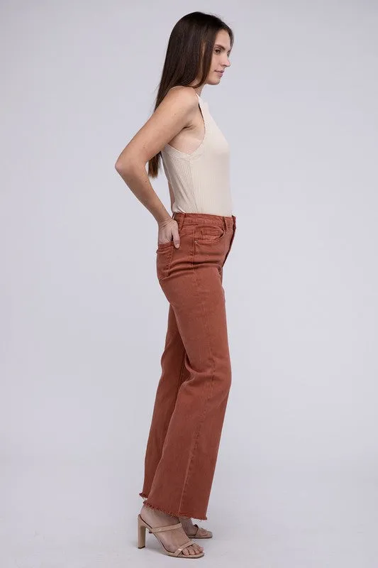 ZENANA Acid Washed Frayed Cutoff Hem Straight Wide Pants