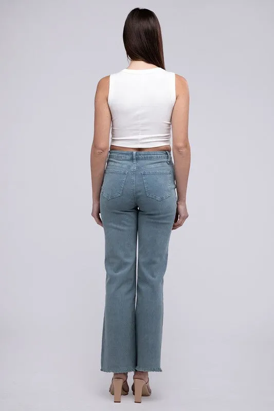 ZENANA Acid Washed Frayed Cutoff Hem Straight Wide Pants