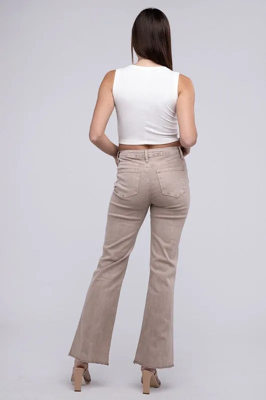 ZENANA Acid Washed Frayed Cutoff Hem Straight Wide Pants