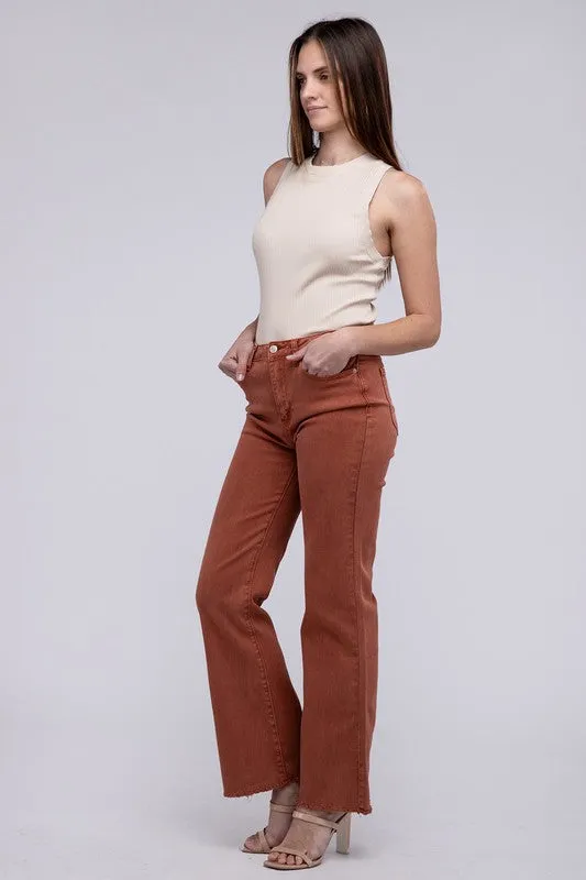 ZENANA Acid Washed Frayed Cutoff Hem Straight Wide Pants