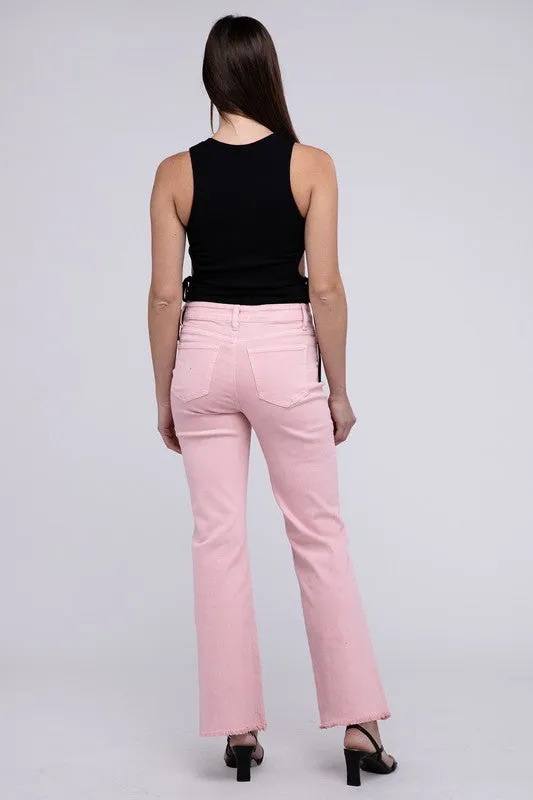 ZENANA Acid Washed Frayed Cutoff Hem Straight Wide Pants
