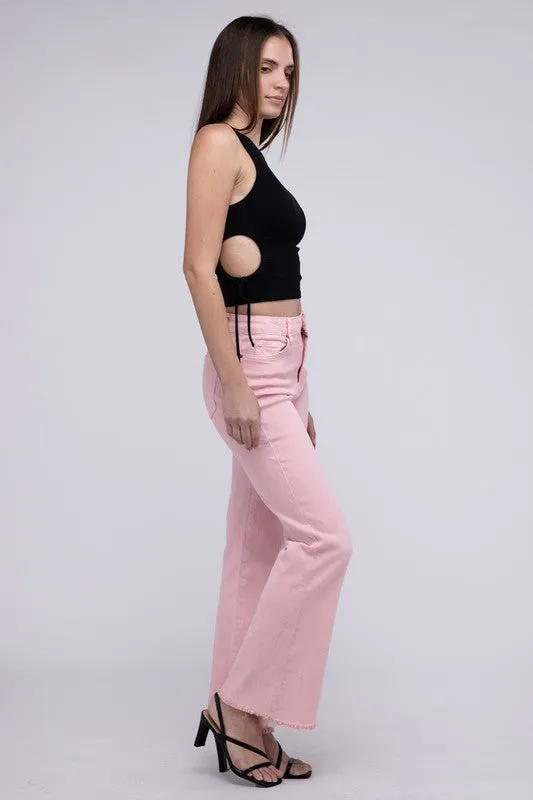 ZENANA Acid Washed Frayed Cutoff Hem Straight Wide Pants