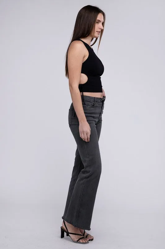 ZENANA Acid Washed Frayed Cutoff Hem Straight Wide Pants