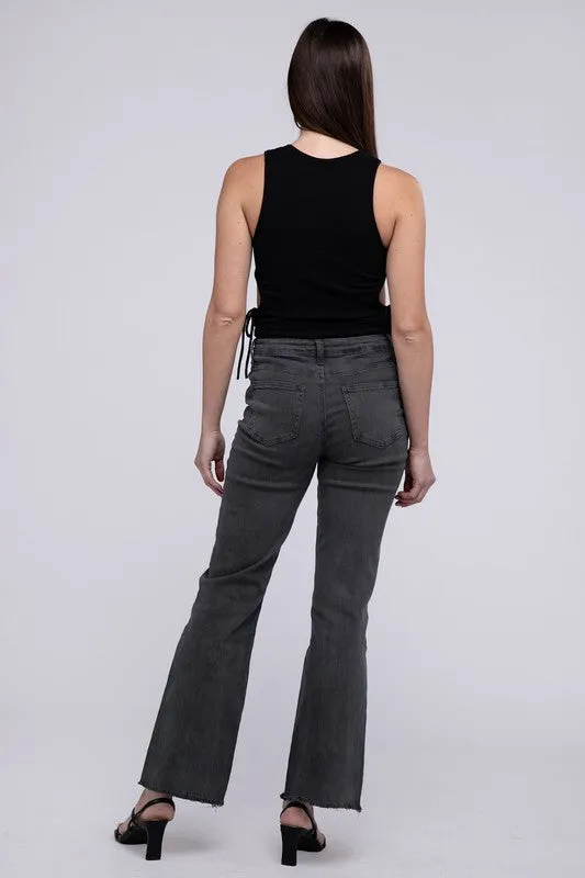 ZENANA Acid Washed Frayed Cutoff Hem Straight Wide Pants