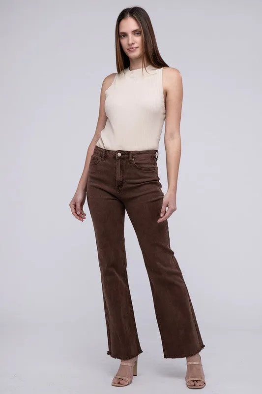 ZENANA Acid Washed Frayed Cutoff Hem Straight Wide Pants