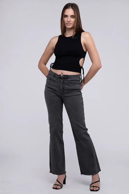 ZENANA Acid Washed Frayed Cutoff Hem Straight Wide Pants
