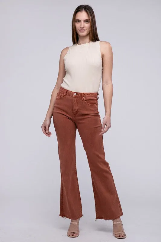 ZENANA Acid Washed Frayed Cutoff Hem Straight Wide Pants