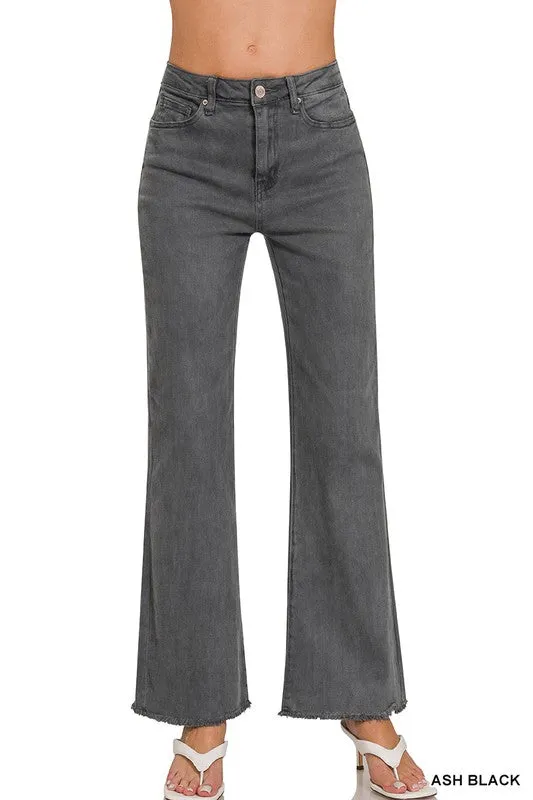 ZENANA Acid Washed Frayed Cutoff Hem Straight Wide Pants