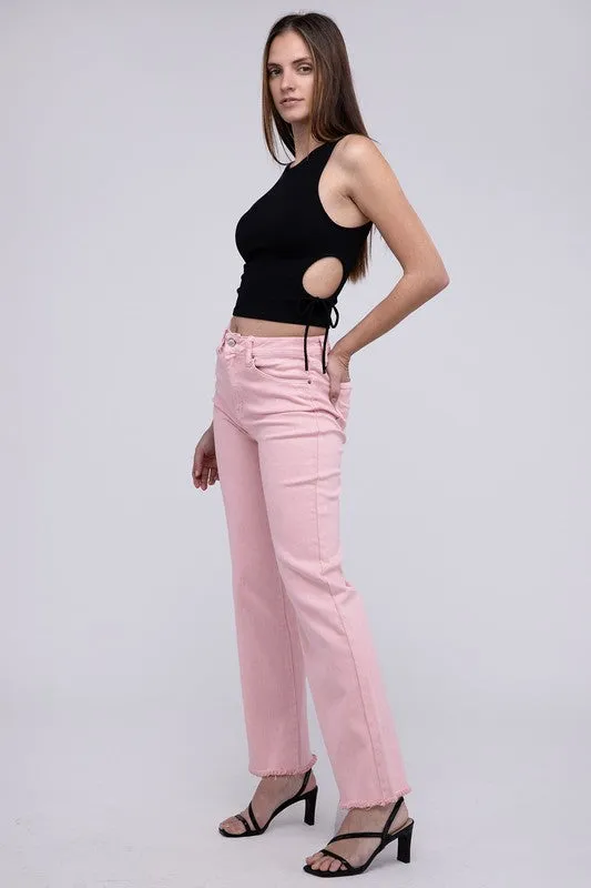 ZENANA Acid Washed Frayed Cutoff Hem Straight Wide Pants