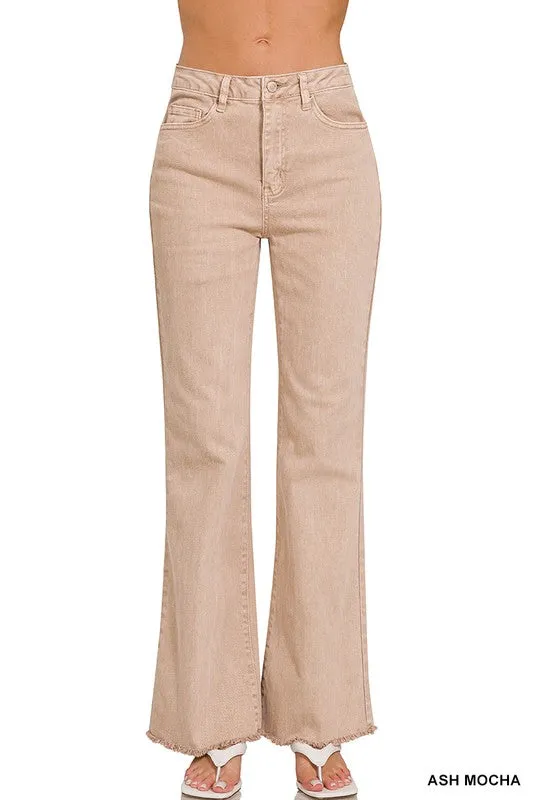 ZENANA Acid Washed Frayed Cutoff Hem Straight Wide Pants