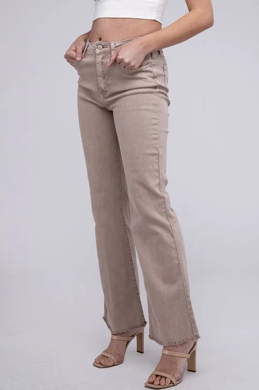 ZENANA Acid Washed Frayed Cutoff Hem Straight Wide Pants