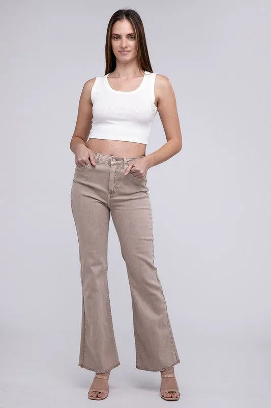 ZENANA Acid Washed Frayed Cutoff Hem Straight Wide Pants