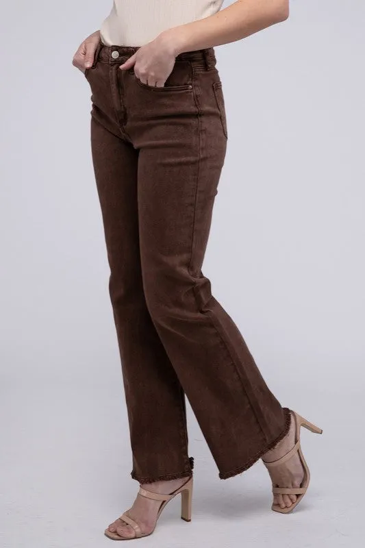 ZENANA Acid Washed Frayed Cutoff Hem Straight Wide Pants