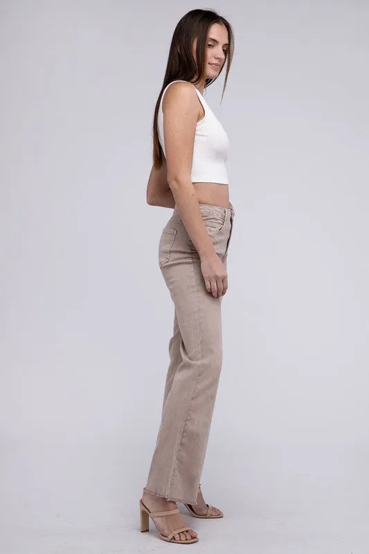 ZENANA Acid Washed Frayed Cutoff Hem Straight Wide Pants