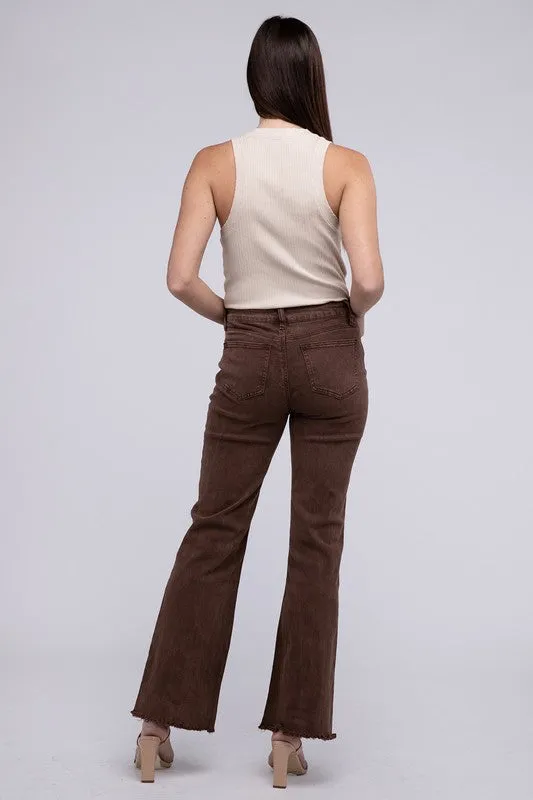 ZENANA Acid Washed Frayed Cutoff Hem Straight Wide Pants