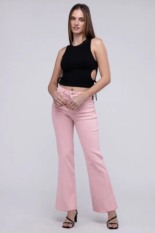 ZENANA Acid Washed Frayed Cutoff Hem Straight Wide Pants